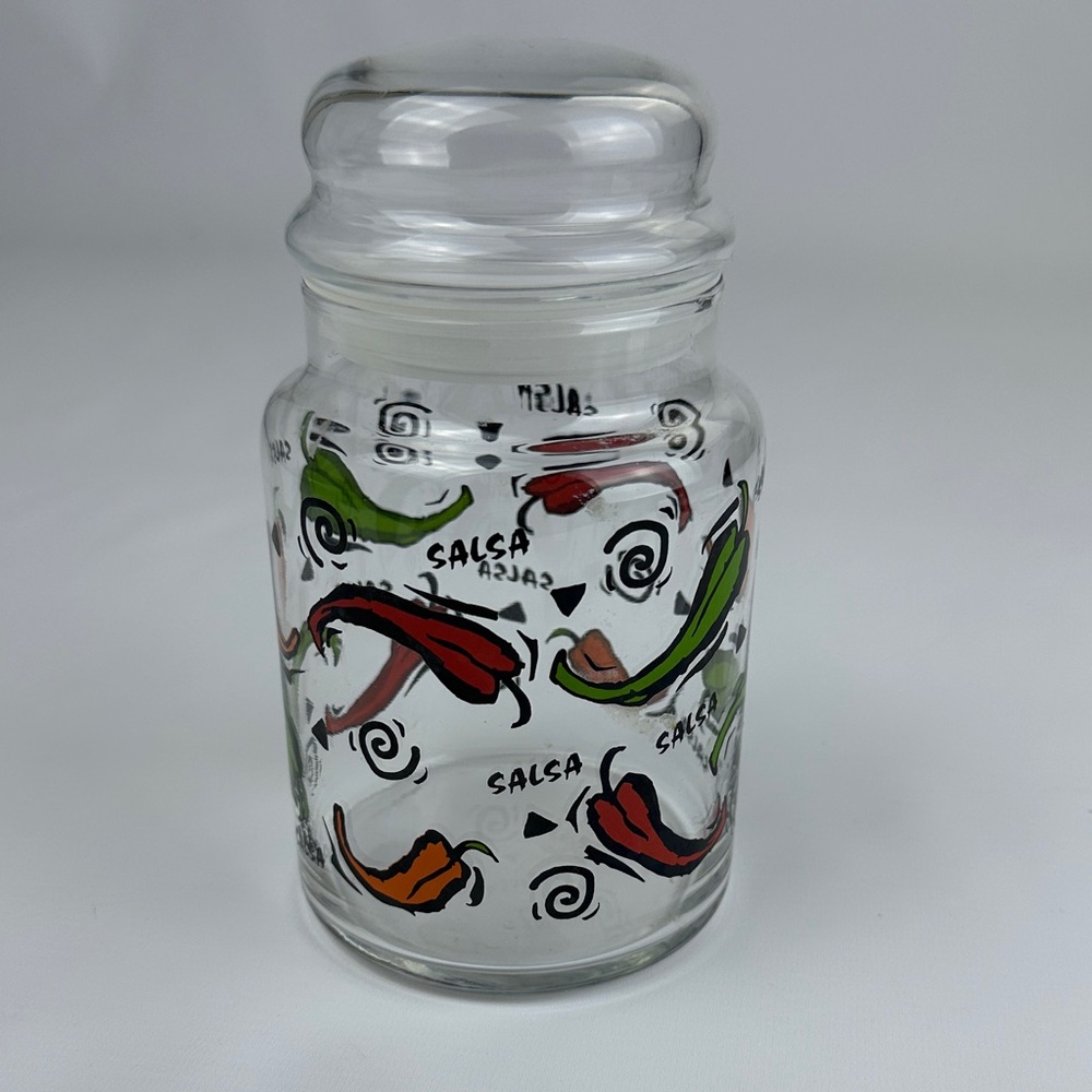 Chili Peppers Salsa Design Glass Jar / Canister. Lid seals. Red, orange, green.